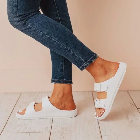 NEW Adjustable Double Buckled Straps Comfy Slip On Slides Slippers Sandals White - Picture 7 of 12